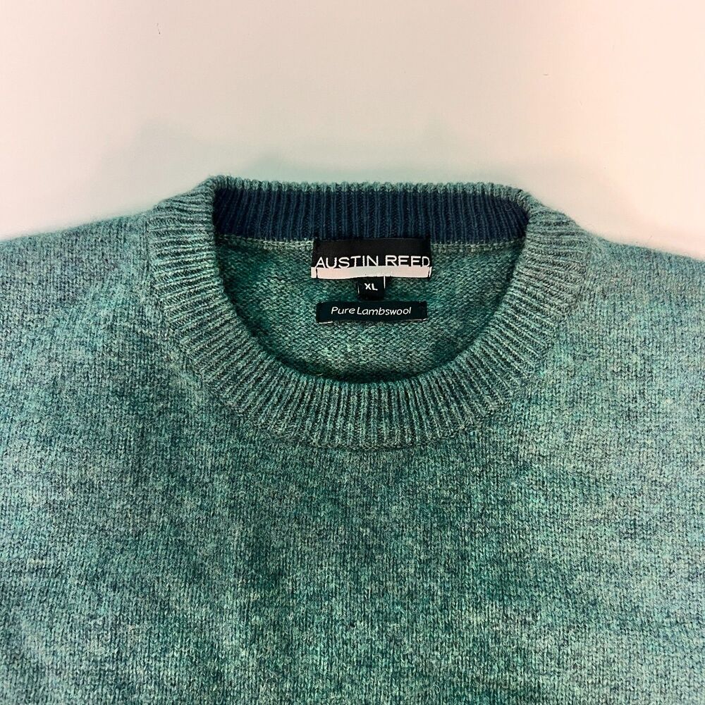 Austin Reed Mens XL Green Pure Lambswool Crewneck Sweater Knit Pullover Wool